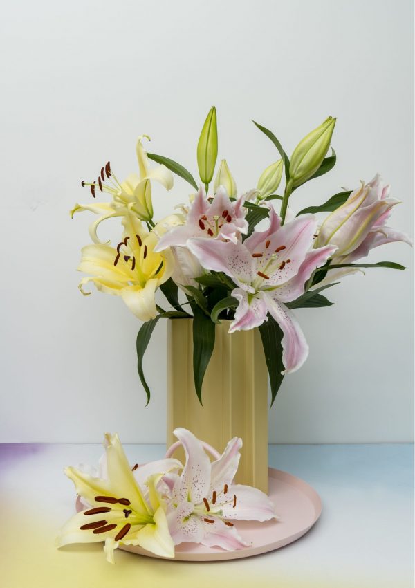 Light pink lily Willeke Alberti in a vase with a yellow lily